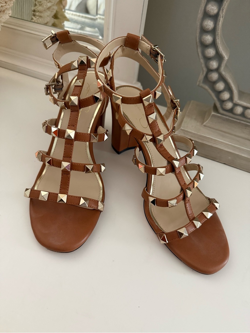 Jessica Simpson Brown Pyramid Stud Strappy Block Heels